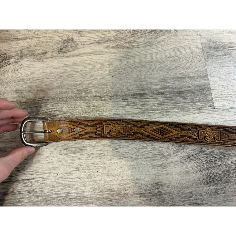 Vintage Aztec Hand Tooled Genuine Leather Belt Mens‎ Size 38 Brown Native
